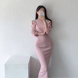 JXMYY new chic minimalist fashion temperament round neck waist slim slimming long sleeves back split hip dress female 210412