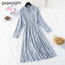 Gaganight Korean High Waist Basic Lace Ruffles Fairy Dresses Sweet Peter Pan Collar Solid Elegant Long Sleeve Vestido Spring 210519