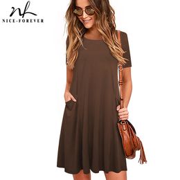 Nice-forever Summer Women Solid Colour Casual Dresses Straight Loose Shift Female Dress btyT027 210419
