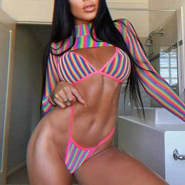 New 2020 Sexy Long sleeve Striped Bikini Women Brazilian Swimwear Female Swimsuit 3 pieces Bikini set Halter Micro Bathing Suit Y0820