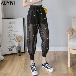 ice silk casual embroidered harem women thin loose mesh nine points sun protection pants S-2XL 210412