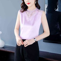 Korean Blouse Women Silk s Sleeveless Tops Plus Size Woman Pullover Hollow Out Shirt Satin Lace s 210427