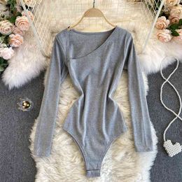 Spring Autumn Sexy Irregular V Neck Long Sleeve Bodysuits Skinny Stretch Knitted Rompers Women's Shirt Chic Body 210603