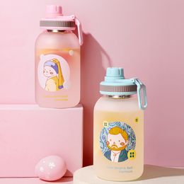 1000ML Glass Water Bottle With Straw For Girl Adults Cute Cartoon Outdoor Sport Portable Leak-proof Student Drinking Cups