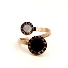 Cluster Rings Fashion Brand Rose Gold Colour Stainless Steel Roman Numerals Black White Shell Double Round Ring Woman Party Wedding Gift