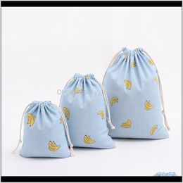 N056 Handmade Cotton Canvas Draw String Candy Sorted Printed Banana Blue Bottom Yoktf Bags Rbclo