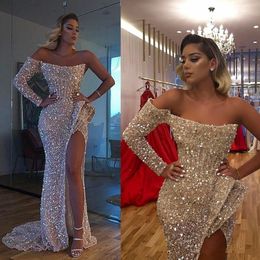 Vestido 2021 De Fiesta Sexy Aso Ebi Arabic Gold Reflective Prom Mermaid High Split Evening Dresses Sequined Formal Party Reception Gowns Dress