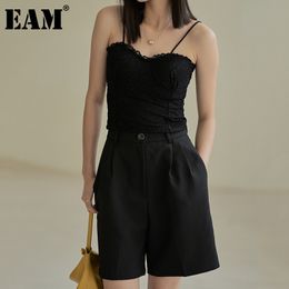 [EAM] Women Black Casual Temperament Lace Camis Tank Tops Square Neck Sleeveless Personality Fashion Summer 1DD8024 21512