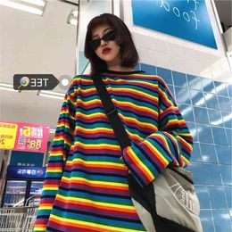 QWEEK Korean Style Tshirt Women Fashion Rainbow Stripe Print Tops Long Sleeve Casual Loose Aesthetic Clothes All-match T Shirt 210401