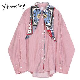 Yitimuceng Striped Button Blouse Women Vintage Shirts Loose Spring Scarf Collar Fashion Clothes Sleeve STreet Style Tops 210601