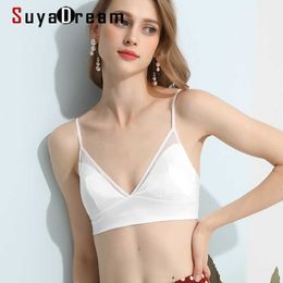 SuyaDream Women Wire Free Bras 100%Natural Silk Lining Everyday wear Triangle Cups Bra Black White French Style Underwear 210623