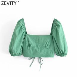 Women Vintage Puff Sleeve Square Collar Green Short Blouse Femme Sexy Backless Lace Up Shirt Chic Blusas Crop Tops LS9286 210420
