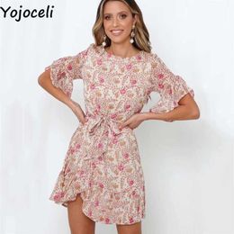 Yojoceli Sexy print ruffle sashes dres Summer elegant casual beach short Female cute daily vestidos 210609