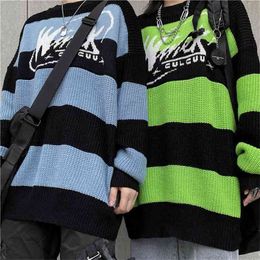 Women's sweater stripe letter casual tops harajuku pullover autumn drop vintage punk Hip hop streetwear Korean clothing 210914