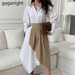 Elegant Women Two Pieces Set Long White Shirt Dress Pleated Irregular Skirt Korean Spring Suit Office Lady Outfits 210601