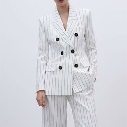 Women Summer Striped Casual Blazers Coats Suits ZA Long Sleeve Double Breasted Female Elegant Slim OL Blazer Outerwear 210513