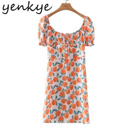 Fruit Print Prairie Chic Sundress Women Sexy Square Neck Puff Sleeve A-line Holiday Casual Summer Dress Short Vestido 210514