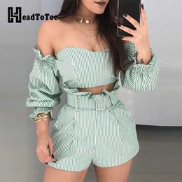 Striped Off Shoulder Frill Hem Tops & Shorts Set Women 2 Piece Outfits Y0702