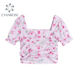 Sweet Style Crop Women's Blouses Summer Short Sleeve Square Collar Floral Print Draped Shirts Female Loose Korean Ins Top 210515