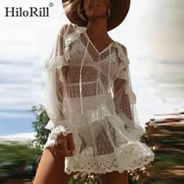 Sexy Transparent White Lace Dress Women Summer V Neck Ruffles Mini Butterfly Sleeve Bow Tie Beach Party es 210508