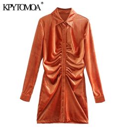 Women Chic Fashion Pleated Velvet Mini Dress Vintage Long Sleeve Button-up Female Dresses Vestidos Mujer 210416