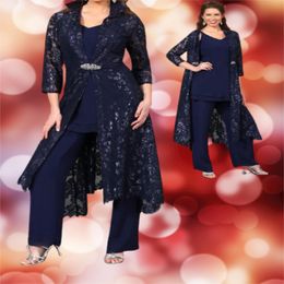3 Piece Mother Of The Bride Pant Suits With 3/4 Lace Sleeves Jacket Ankle Length Formal Evening Gowns Plus Size Wedding Guest Dresses
