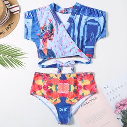 Sexy Short Sleeve Crop Tank Top Bikini Set High Waist Swimwear Women Swimsuit Cat Print Bathing Suit Beach Wear Swim 210520