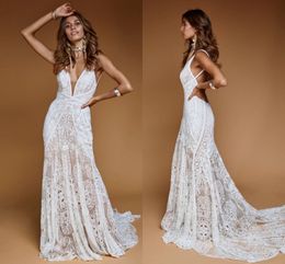 Vintage Crochet Cotton Mermaid Wedding Dresses 2022 Sexy V-neck Backless Country Bohemian Garden Bridal dress vestido de novia