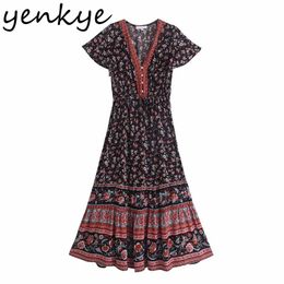 Vintage Floral Print Boho Long Dress Women V Neck Short Sleeve Vestido Mujer Drawstring Waist A-line Casual Summer 210514