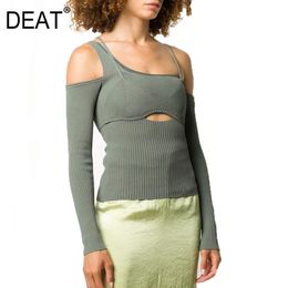 DEAT spring fashion off the shoulders straps full sleeve knitting hollow out waist short knits top WO51902L 210428
