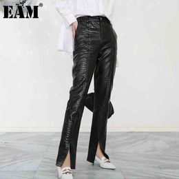 [EAM] Pu Leather Pattern Long High Waist Trousers Loose Fit Pants Women Fashion Spring Autumn 1DD348001 210512