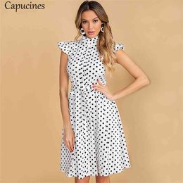 Capucines Ladies Vintage Ruffles Stand Collar Summer Dress Polka Dot Print Single Breasted Sashes A line Mini Dresses For Women 210409