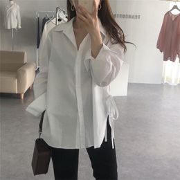 Stylish Women Brief Lace Up Shirts Gentle Tops Feminine Casual Solid Office Lady Chic All Match Blouses 210421