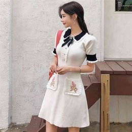 High Street Fashion Korean Knitted Dress Women Summer Pearl Bow Stretch Embroidered Flower Pocket Casual Vestidos 210514