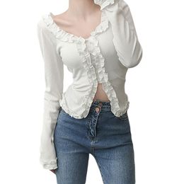 Women's T-Shirt Xingqing Y2K Ruffles Crop Top Pin Knitted Sweet Cute T Shirt White Long Sleeve O Neck Korean Chic Tee Autumn Harajuku Vintag