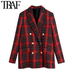 TRAF Women Fashion Double Breasted Cheque Blazer Coat Vintage Long Sleeve Pockets Female Outerwear Chic Veste Femme 210415