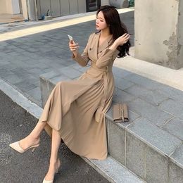 Elegant Double-Breasted V-Neck Lace-up Belt Office Lady Spring Women Long Sleeve Slim Waist A-Line Pleated Midi Dress 210416
