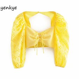 Fashion Women Openwork Floral Puff Sleeve Yellow Plaid Crop Top Lady Front Drawstring V Neck Backless Summer Sexy Tops LDZZ6106 210514