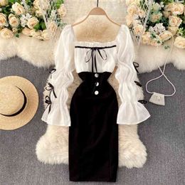 Autumn Winter Dresses, Puff Sleeves, Slim Temperament, Square Neck and Bow Decoration Mid-length Dress UK803 210507