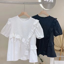 Fashion Casual Round Neck Irregular Ruffle Stitching Solid Colour Loose Short-sleeved Blouse Women Summer 16W1374 210510