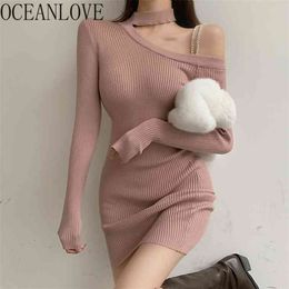 OCEANLOVE Halter Sexy Bodycon Dress for Women Solid Knitted Stretch Spring Autumn Femme Robes Vintage Vestidos Korean 19375 210715