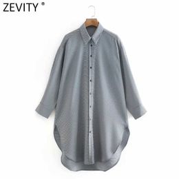 Zevity Women Vintage Single Buttons Houndstooth Casual Loose Long Blouse Office Lady Business Shirts Chic Blusas Tops LS7404 210603