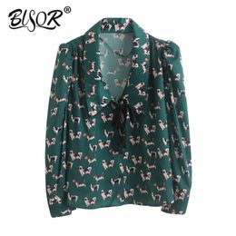 Women cute animal print blouses bow tie lapel long sleeve green shirts female preppy style sweet tops blusas 210430