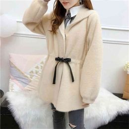 Faux Fur Coat Women Autumn Winter Soft Thick Warm Single Breasted Outerwear Hooded Lace Up 210427