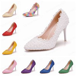 Women White Lace Wedding Shoes 9CM Thin High Heel Beige Flower Pumps Princess Party Birthday Heels