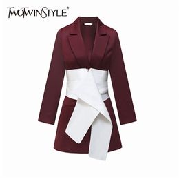 Casual Patchwork Hit Color Blazer For Women Notched Long Sleeve Sashes Slim Blazers Female Fashion Clothing 210524