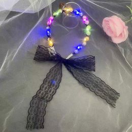 Led Flashing Colourful Light Three Colour Changing Christmas Party Wedding Hair Band Fairy Pearl Lace Hair Ornament Headdress Gift