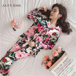 JULY'S SONG Women Faux Silk Sleepwear Satin Pyjamas Set Flower Print Long Sleeves 2 Piece Autumn Winter Pajamay Homewear 210330