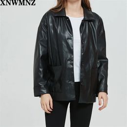 Women Fashion Faux Leather Button-up Loose Jacket Coat Vintage Long Sleeve Pockets Female Outerwear Chic Tops High quality 210520