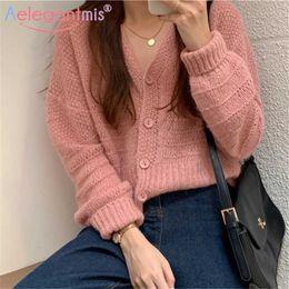 Aelegantmis Thin Soft Oversize V Neck Cardigan Women Single Breasted Spring Korean Female Knit Sweater Hollow Out 210607